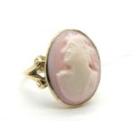 A Victorian Pink Queen Conch Shell Cameo Ring, featuring a "Bacchante" style ladies head in profile,