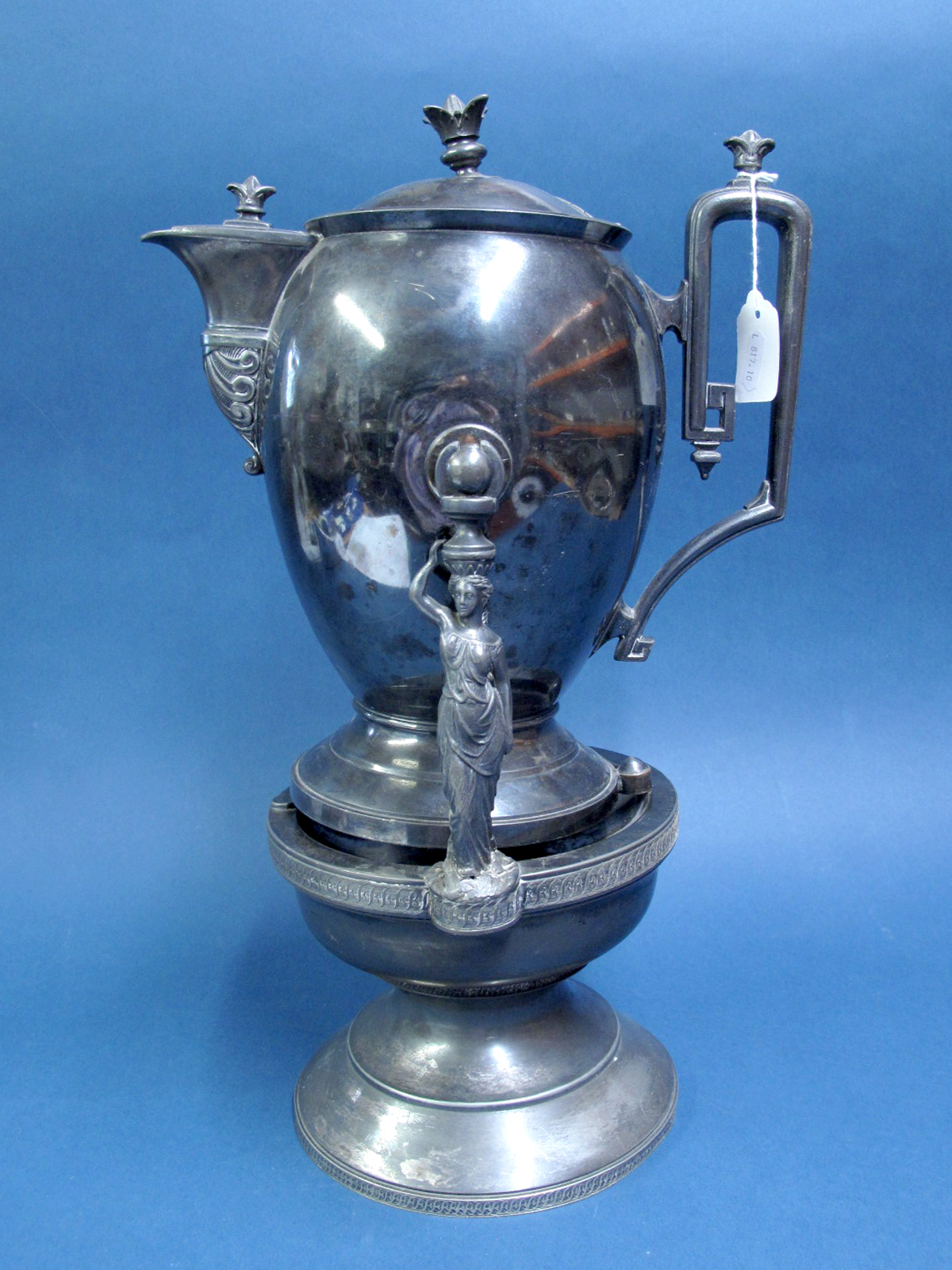 A XIX Century Plated Yeomans Swing & Revolve Pitcher, with Neo classical figural supports (