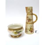 A Royal Worcester Porcelain Jug, of tapered form with basket work handle, the blush ivory ground