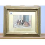 ENGLISH SCHOOL (Early XX Century) A Collie Dog Resting on a Step, oil on board, signed indistinctly,