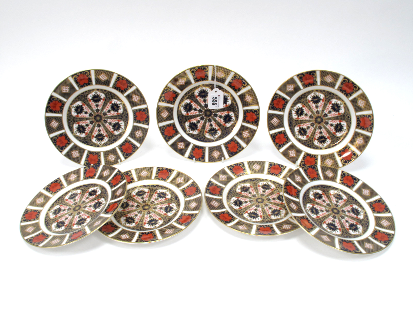 Six Royal Crown Derby Imari Pattern 1128 Dessert Plates, date codes for 1976 and 2011, printed