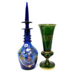 A XIX Century Oversized Blue Glass Decanter and Tall Stopper, the mallet shaped body with three neck