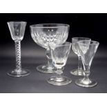 An XVIII Century Wine Glass, the funnel bowl raised on airtwist stem and circular foot (a/f), 15cm