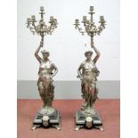 A Pair of Mid/Late XX Century Silver Plated Five Branch Candelabra, modelled in the form of a