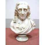 A Mid XIX Century Alabaster Bust of a Gentleman, with collared robe and wavy hair upon a circular