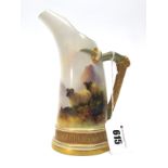 A Royal Worcester Porcelain Tusk Jug, of tapered form, painted by E. Barker, signed, with sheep in a