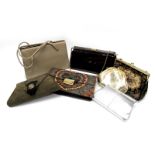 Vintage Handbags; Charles Jourdan green suede clutch, a feather handbag, Ackery beige classic