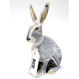 A Royal Crown Derby Porcelain Paperweight 'Starlight Hare', gold stopper, date code for 2003,