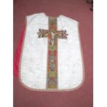 An Late XIX Century Chasuble, the front with a panel of crewelwork embroidery depicting the three