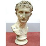 A Mid XIX Century Marble Bust of the Roman Emperor 'Augustus', upon a circular socle base,