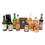 Mixed Spirits - Tio Pepe, La Ina and Dry Sack Sherry, three bottles, J&B Whisky, 1 litre, "Vat 19"