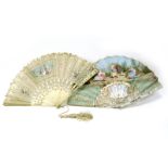 A XIX Century French Fan, the paper leaf painted with courting couples in a garden setting, the
