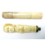 A Late XIX Century Carved Bone Parasol/Walking Stick Handle, carved as a lady wearing a shawl, screw