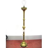 A XIX Century Brass Altar Candlestick, (converted to a standard lamp) with quatrefoil gallery and