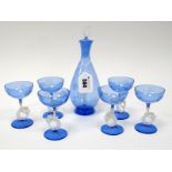 An Art Deco Blue Tinted Bimini Cocktail Set, the baluster shaped decanter inset with a milky glass