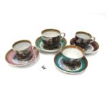 Four Mid XIX Century Prattware Teacups and Saucers, decorated with printed scenes within a gilt