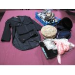 Vintage Hats, a small size black wool tail coat and trousers, sewing accessories and a quantity of