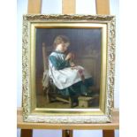 ENGLISH SCHOOL (XIX Century) Girl Seated in an Interior, knitting, oil on panel, signed indistinctly