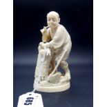 A Late XIX Century Japanese Ivory Figure, carved as a wood cutter and smoking a pipe, oval base,