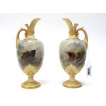 A Pair of Royal Worcester Porcelain Ewers, of single handled ovoid form, raised on circular feet,