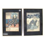 A Pair of Japanese Woodcut Prints, seated figures, one on a terrace with two swords, the other a