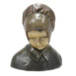 An Early XX Century Goldscheider Style Bronzed Terracotta Bust, of a girl looking downwards, wearing