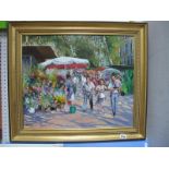 Durian, XX Century Continental Oil on Canvas, of a market street scene with flower sellers and