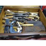 Tools - Record G clamps, Acorn, Marples chisels, spanners, drill bits etc. in box.