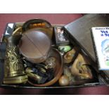 A Leather Collar Box, wooden shoe trees, Metamec mantel clocks, advertising tins, brassware, etc:-