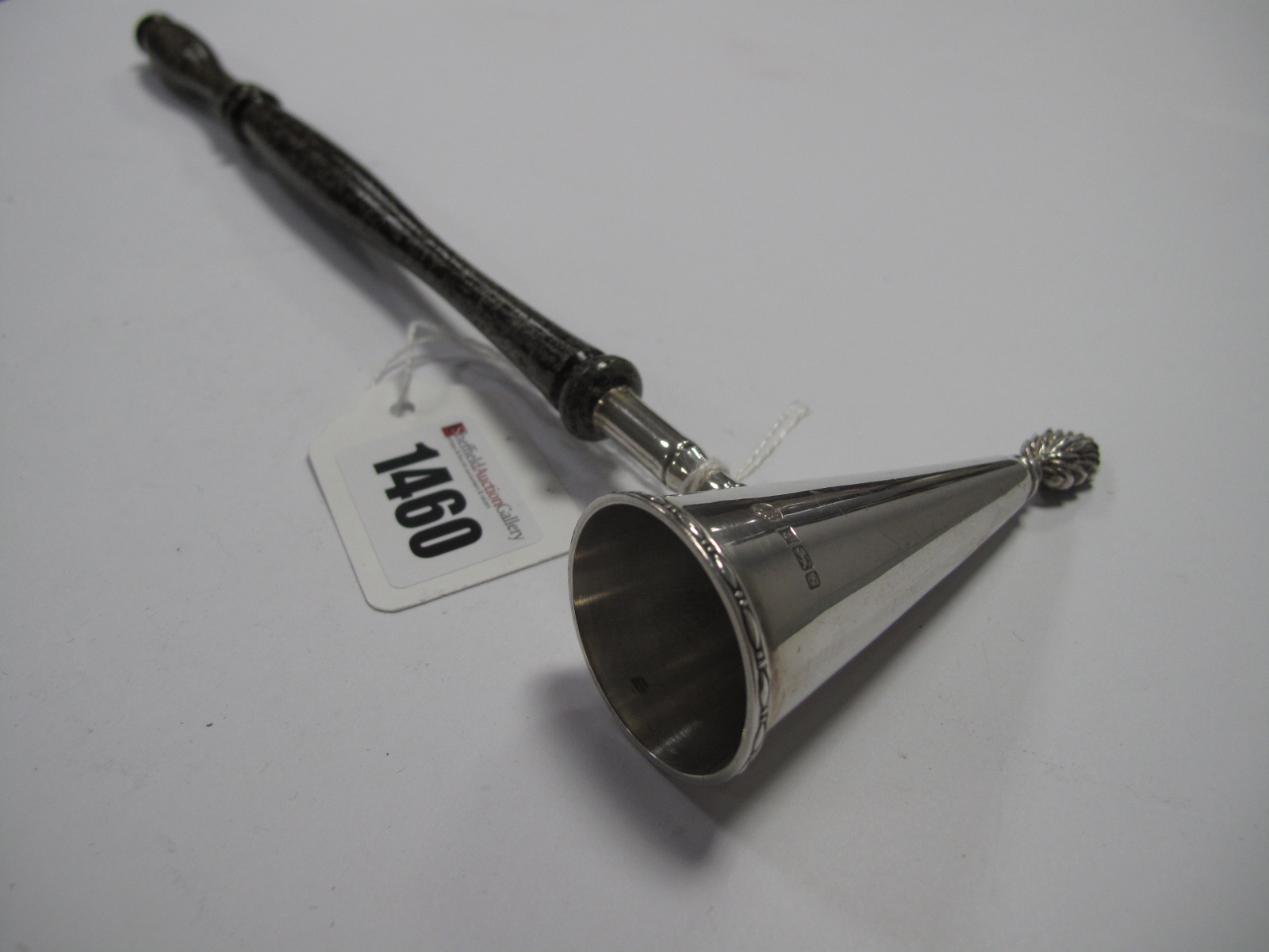 A Hallmarked Silver Candle Snuffer, LJM, Birmingham 1992, with log turned wood handle, 28.5cm long.