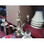 A Heavy Brass Three Branch Ceiling Light, four similar twin branch wall lights, shades.