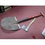 A WWII A.R.P Shovel, plus a 1945 U.S. hatchet.