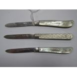 Three Decorative Hallmarked Silver and Mother of Pearl Single Blade Folding Fruit Knives, GU,