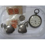 A White Metal Pocketwatch Stamped 935, pendant, plated spirit labels, postage stamps.