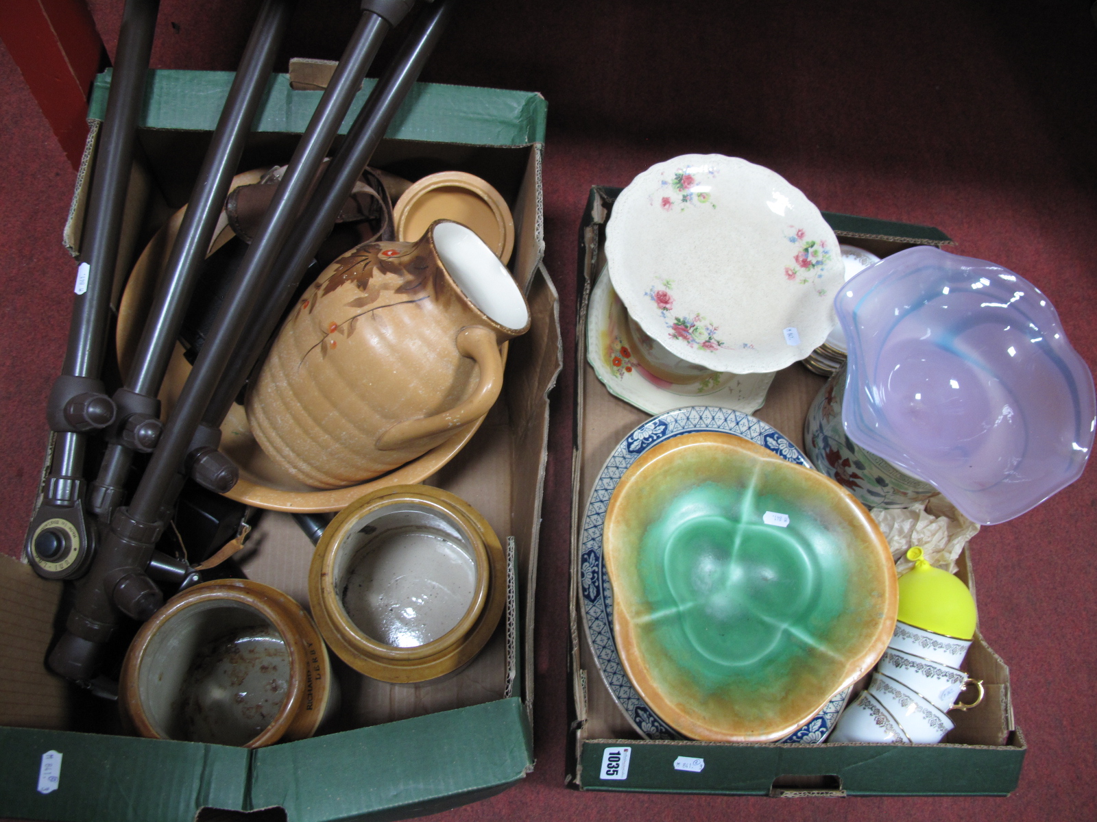 A 1930's Trentham Bowl, Chinese jardiniere, glass pedestal dish, other ceramics, camera's, tripod,