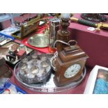 Elliott Mantel Clock, oak candlestick converted to a lamp, plated egg cruet, tray.