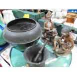 A Heavy Metal Mortar and Pestle, copper jardiniere, pair of pottery figure:- One Tray