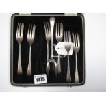 A Set of Six Hallmarked Silver Cake Forks, in original fitted case with matching serving fork.