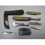 Folding Pocket Knives, including pruning knife, advertising "For Coughs & Colds Owbridge's Lung