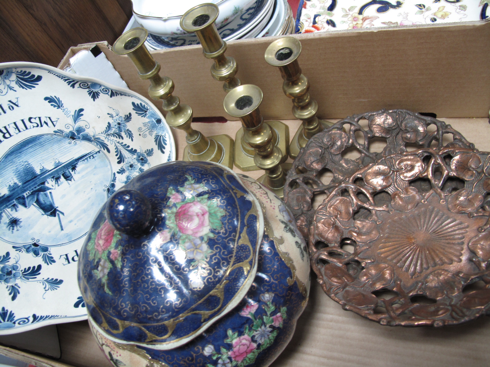 A Delft Pottery Tray 'P.Hope, Amsterdam AO 1780", Chinese ginger jar and cover, two pairs of brass