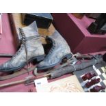 Hunters Bow and Two Arrows in Animal Skin Bag, sword in leather scabbard, Stahlbahn ice skates.
