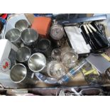 Pewter Tankards, rockers salt and pepper, cutlery, hip flasks, chrome cigarette case, etc:- One Box