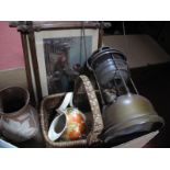 A Tilley Lamp, prints, basket, Woods Jug, Doulton plate, etc:- One Box