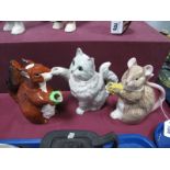 Beswick Pottery Novelty Teapots, as Red Squirrel, Grey Cat and Mouse Holding Cheese. (3)