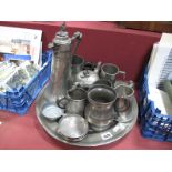 XVIII Century Chargers, tankards, melon teapot, pin trays, ewer with mask pourer, etc.