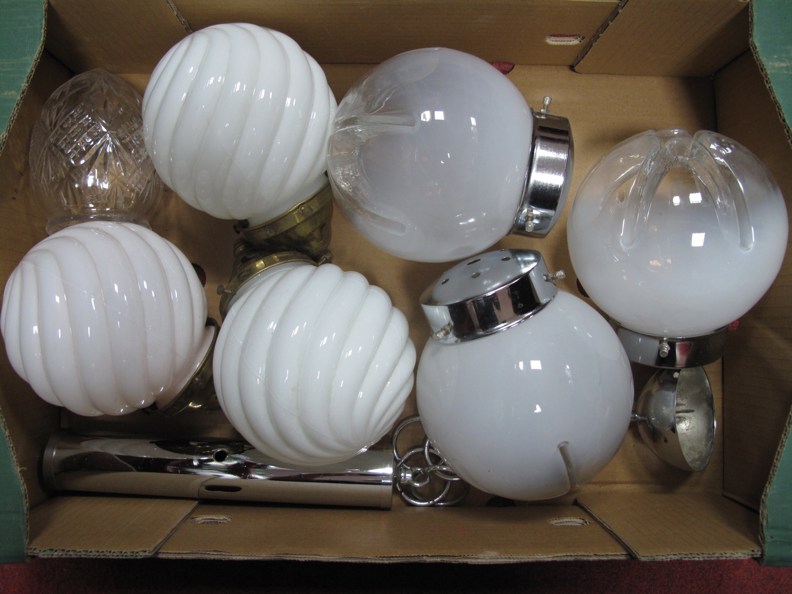 Assorted Art Deco White Glass Lampshades, all with metal collars etc:- One Box