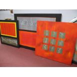 Abstract Mercury Effect Sinuous Design on Nine Card Panels, stuck on a flame orange ground, oil on