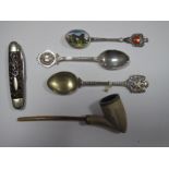 A Higgin London Pipe; together with a two blade folding pocket knife, souvenir enamel teaspoon,