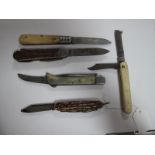 Five Assorted Folding Pocket Knives, one with fleam, including Richards, GR&S Solingen, Mikov etc.