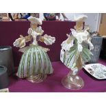 A Pair of Murano Venetian Carnival Glass Figures, with pale green and opaque twist and latticino